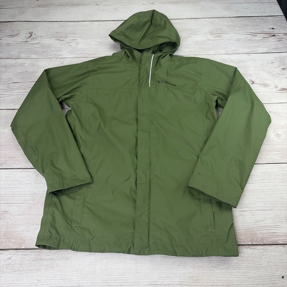 Columbia Kid's Large 14 /16 Zip Hooded Rain Jacket Light Weight Olive Green